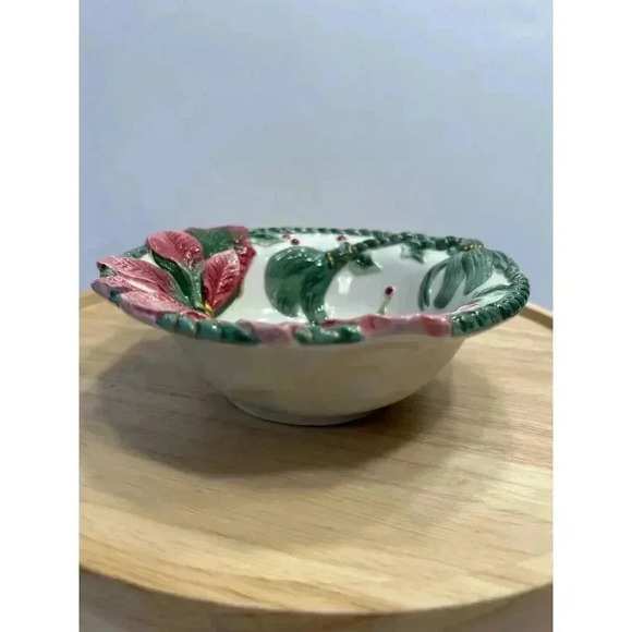 Fitz And Floyd Christmas Poinsettia Bowl Dish Candy Nuts Potpourri EUC 7" - Picture 4 of 6